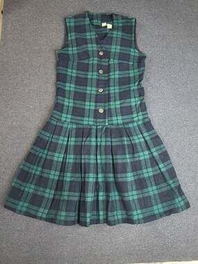 Vintage ILGWU Black Watch Plaid Pleated Jumper Dress Size 5